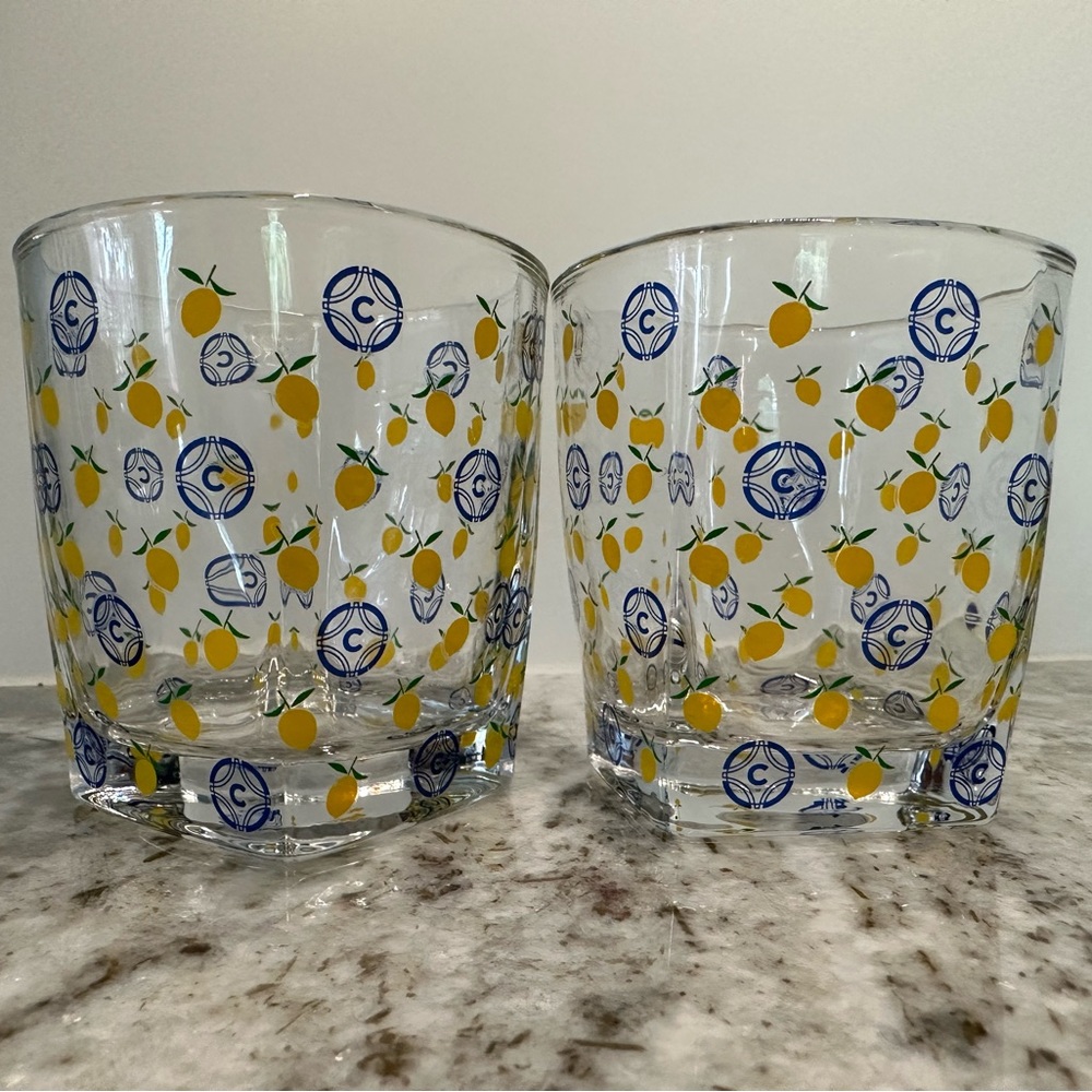 Two Caravello Lemoncello lowball glass tumblers